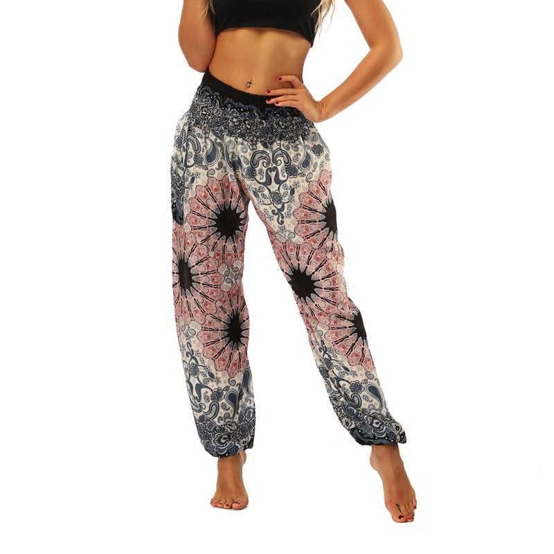Lu's Chic Women's Boho Pants Harem Smocked Waist Yoga Hippie Palazzo Summer Beach Pants Pattern10 One Size - Image 2